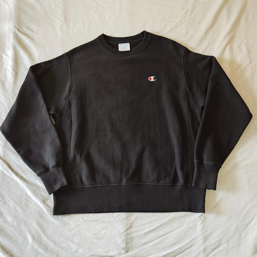 Champion Reverse Weave Crewneck Sweatshirt Black Mens Medium Back Spellout GF70
